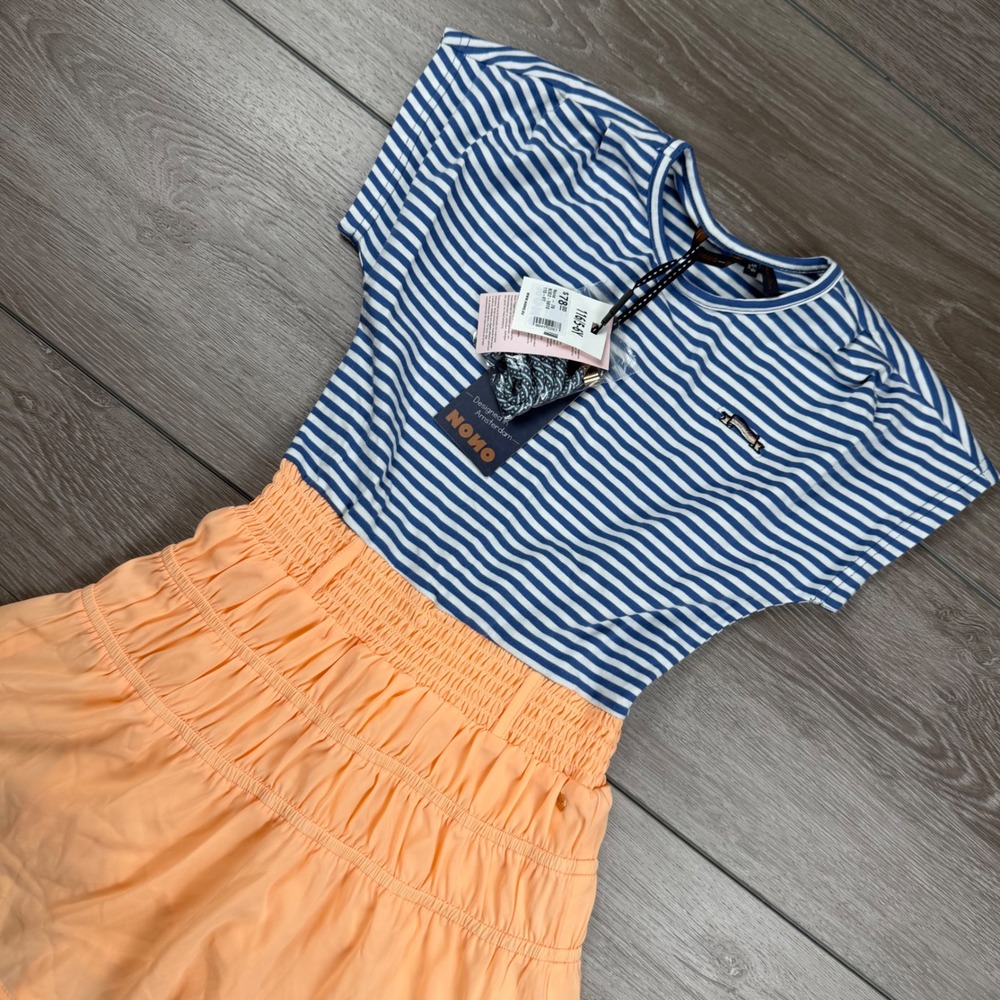 NONO Girls Dress Striped Knit Top Tiered Skirt Blue Orange 5-6Y New